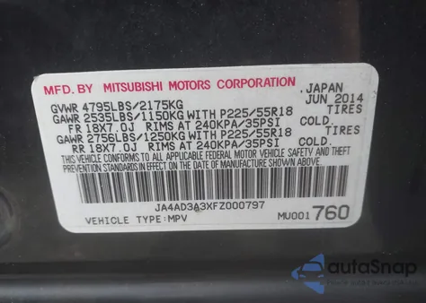 2015 Mitsubishi Outlander Se z USA, uszkodzony, nr VIN JA4AD3A3XFZ000797